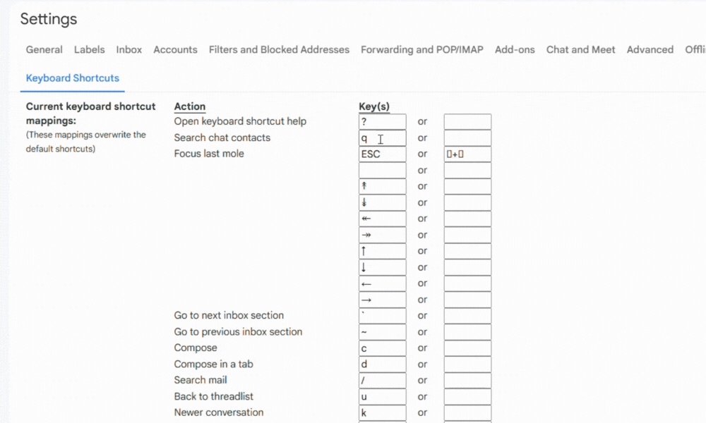 Change Gmail Keyboard Shortcut