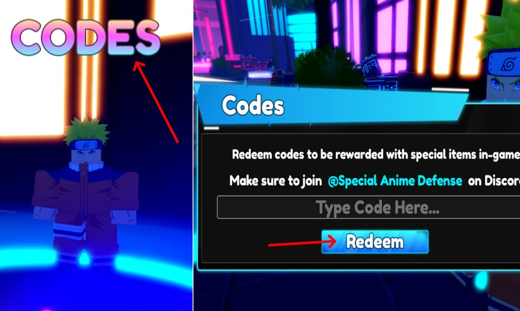 Code Redemption Option in Special Anime Defense