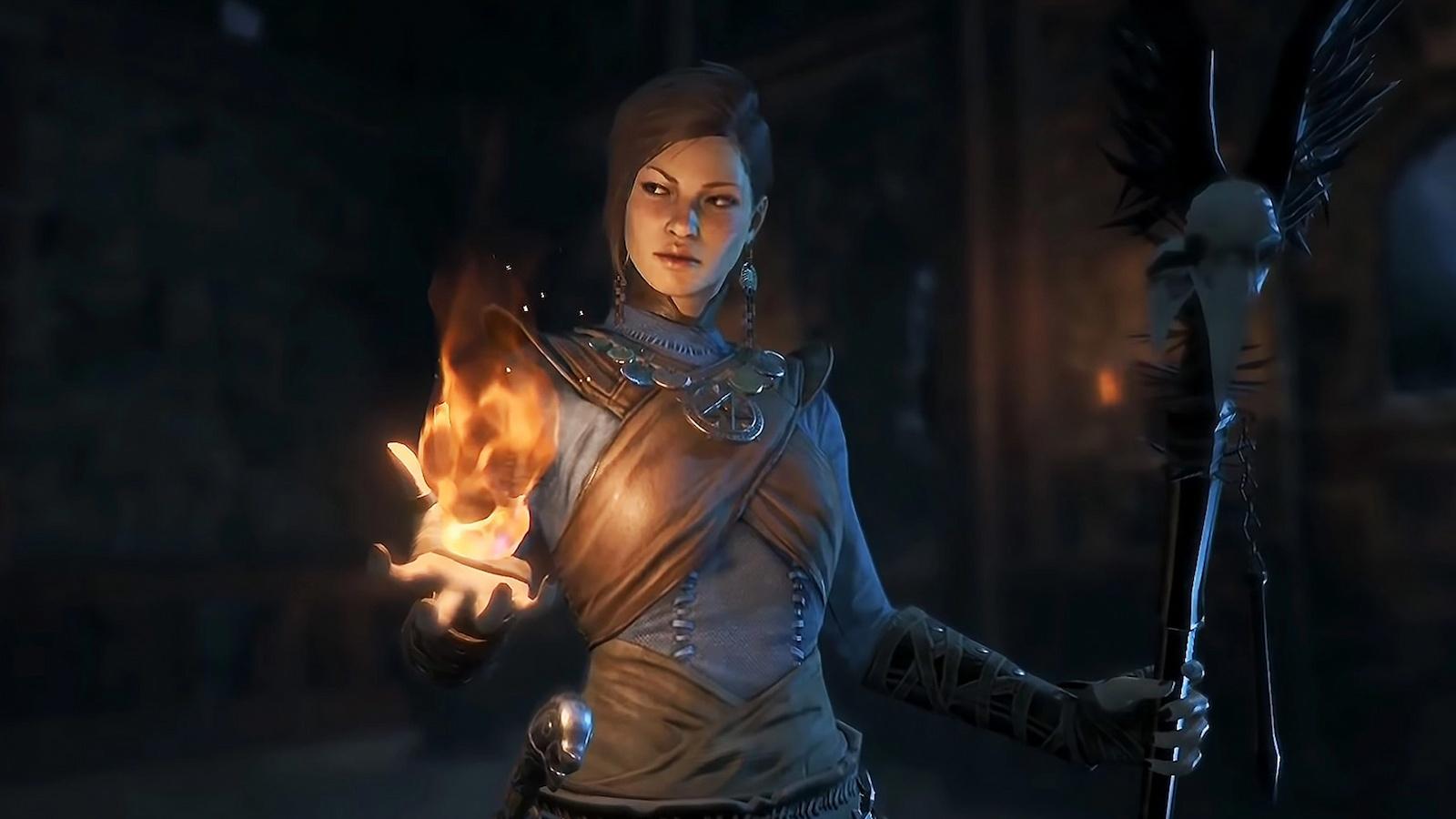 Diablo 4 Sorcerer cầm ngọn lửa trên tay