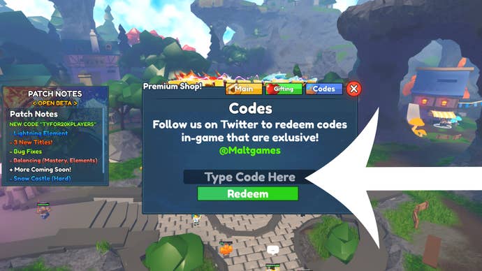 Strzałka wskazująca menu kodów w grze Roblox Elemental Dungeons.