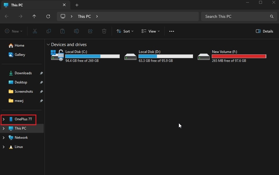 stockage du téléphone Android dans l'explorateur de fichiers Windows 11