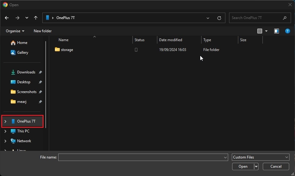 fenêtre de sélection de fichiers accédant au stockage Android sur Windows 11