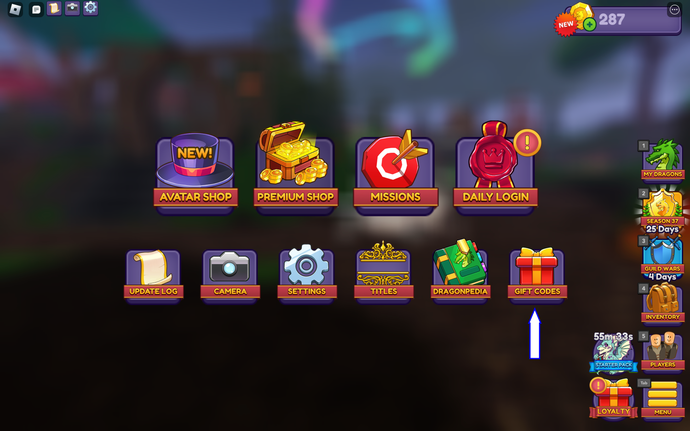 Une capture d'écran de Dragon Adventures dans Roblox montrant le bouton Codes cadeaux du jeu.