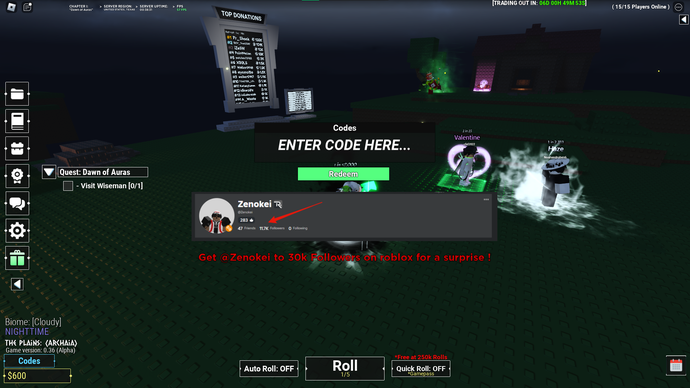 Ảnh chụp màn hình từ Unknown RNG trong Roblox hiển thị trang mã của trò chơi.