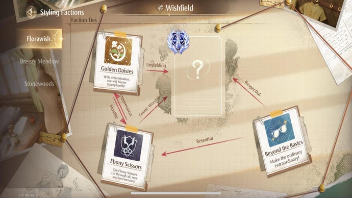 Three factions belonging to Florawish are shown in Infinity Nikki's Faction menu within the Pear-Pal
