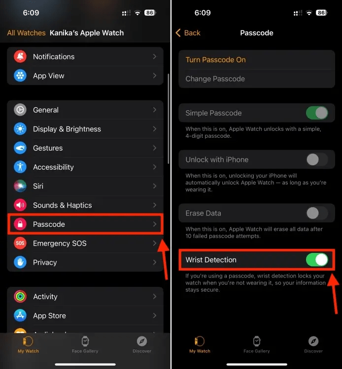 iPhone의 Watch 앱에서 손목 감지 켜기