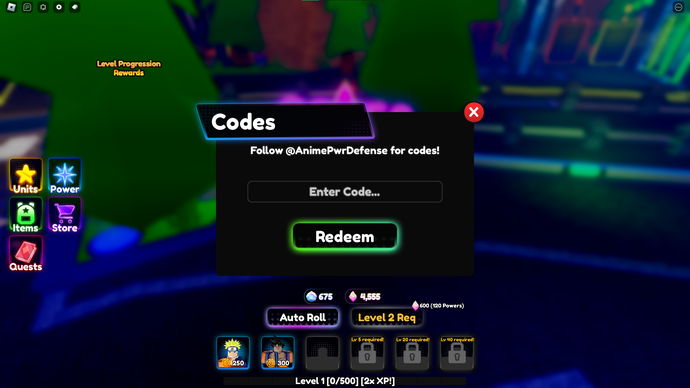 Zrzut ekranu obrony władzy anime w Roblox pokazującym pole kodów gry.