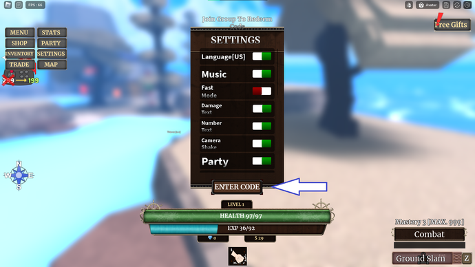 Une capture d'écran de Z Piece dans Roblox montrant le champ des codes du jeu.