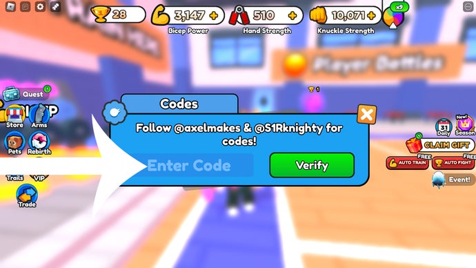 Flèche pointant vers l'écran des codes dans le jeu Roblox Arm Wrestle Simulator.