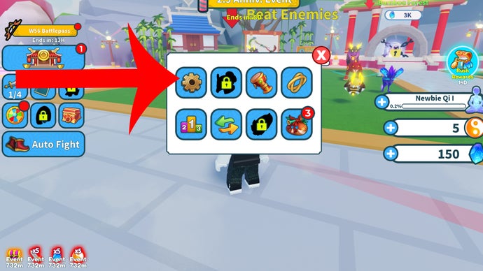 Flèche pointant vers le bouton des paramètres dans le jeu Roblox Weapon Fighting Simulator.