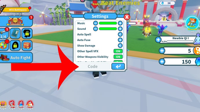 Flèche pointant vers le menu des codes dans le jeu Roblox Weapon Fighting Simulator.