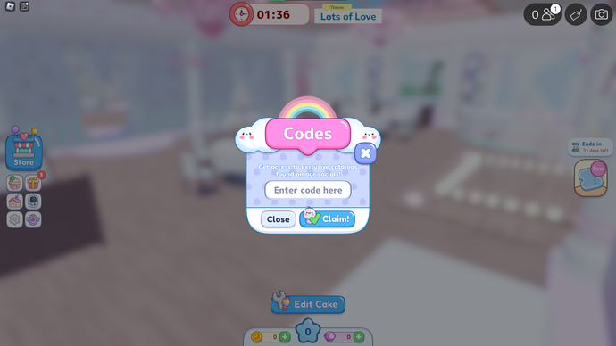 Une capture d'écran de Cake Off dans Roblox montrant la page des codes du jeu.