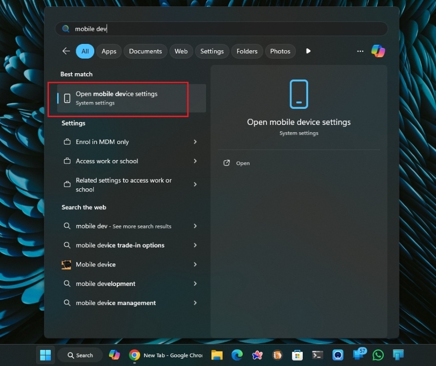 paramètres de l'appareil mobile dans le menu Démarrer de Windows 11