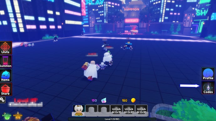Zrzut ekranu z Anime Guardians w Roblox przedstawiający przycisk kodów gry.