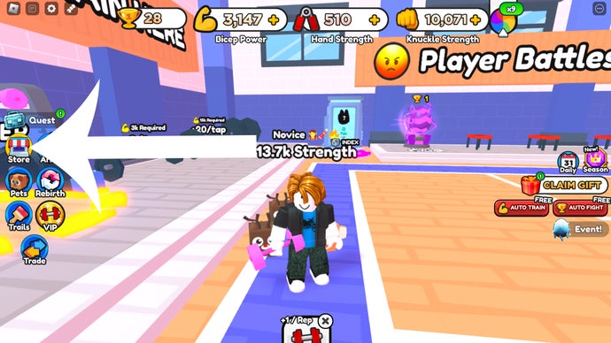 Flèche pointant vers le bouton Store dans le jeu Roblox Arm Wrestle Simulator.