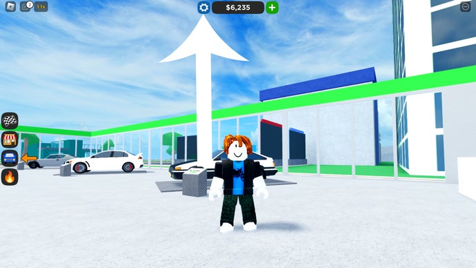 Mũi tên chỉ vào nút người chơi cần nhấn để truy cập vào màn hình cài đặt trong Car Dealership Tycoon.