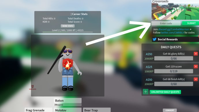 Menu realizacji kodu Roblox Combat Warriors, biała strzałka wskazuje pole realizacji kodu w prawym górnym rogu.