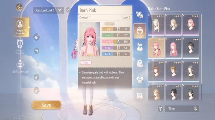 A preview of Infinity Nikki's default hairstyle, Born Pink, and its stats are shown
