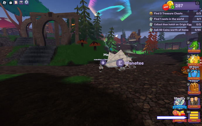 Une capture d'écran de Dragon Adventures dans Roblox montrant le bouton Menu du jeu.