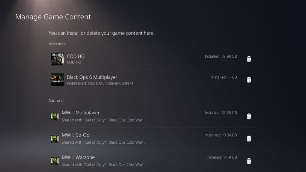 Strona z zawartością aplikacji Call of Duty na PS5
