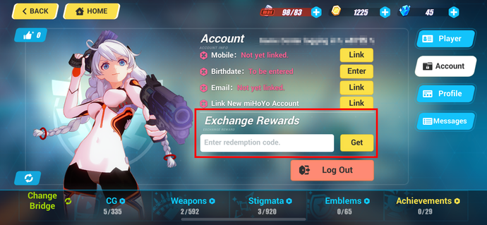 Honkai Impact 3. Account Bildschirm