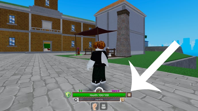 Pijl wijzend op de menu -knop in de Roblox Game King Legacy.