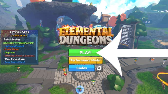 Strzałka wskazująca przycisk kodów w menu głównym gry Roblox Elemental Dungeons.