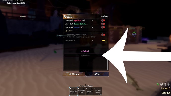 Flèche pointant vers le menu des codes dans le jeu Roblox Fisch.