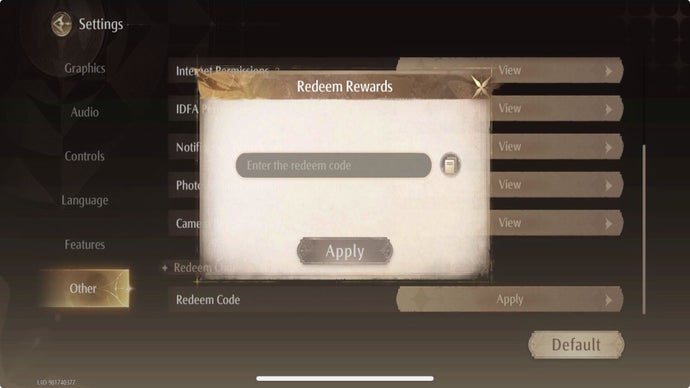 The 'Redeem Code' option, available under the 'Other' tab of Settings, is shown in Infinity Nikki