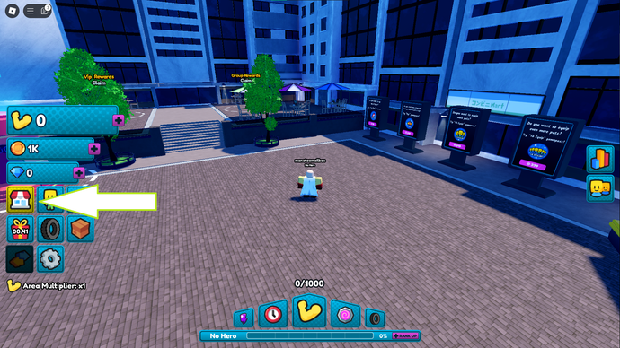 Una captura de pantalla de One Punch Fighters X en Roblox que muestra el botón de tienda del juego.
