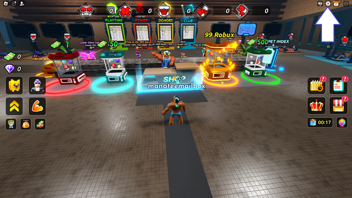 Ảnh chụp màn hình từ Swim League trong Roblox hiển thị nút cài đặt của trò chơi.