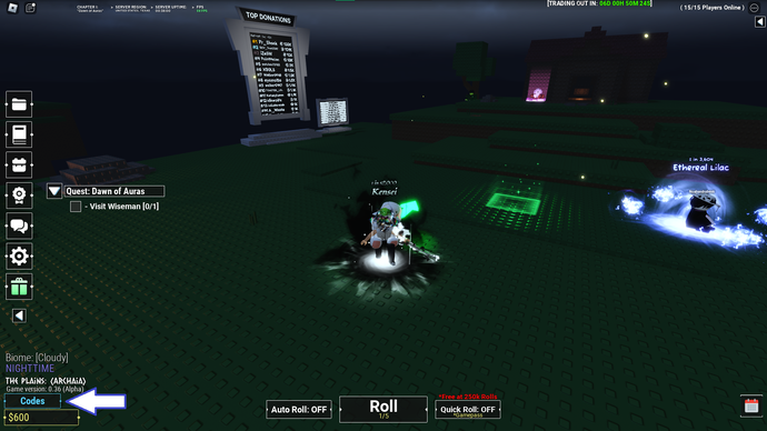 Ảnh chụp màn hình từ Unknown RNG trong Roblox hiển thị nút mã của trò chơi.