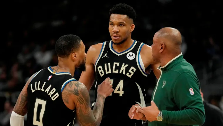 Damian Lillard, Giannis Antetokounmpo, Doc Rivers Damian Lillard, Giannis Antetokounmpo, Doc Rivers 04302024