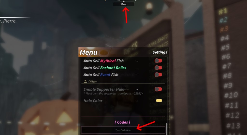 Option Utiliser les codes Fisch