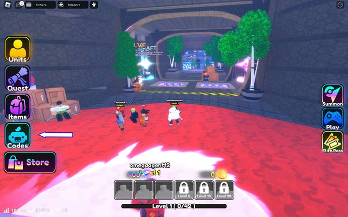 Une capture d'écran d'Anime Protectors Defense dans Roblox montrant le bouton des codes du jeu.
