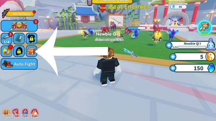 Flèche pointant vers le bouton de la poitrine dans le jeu Roblox Weapon Fighting Simulator.