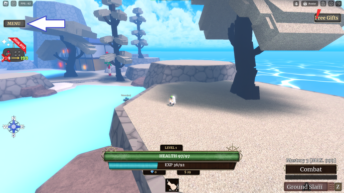 Une capture d'écran de Z Piece dans Roblox montrant le bouton de menu du jeu.