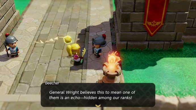 Princess Zelda speaking to Beecher the guard in Zelda: Echoes of Wisdom.