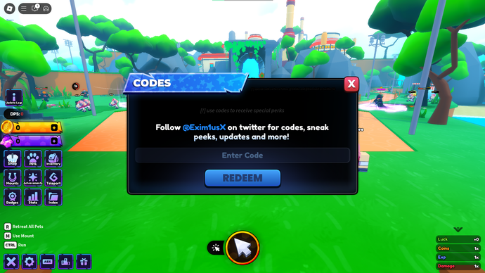 A screenshot of Anime Shadow in Roblox showing the game's codes screen.