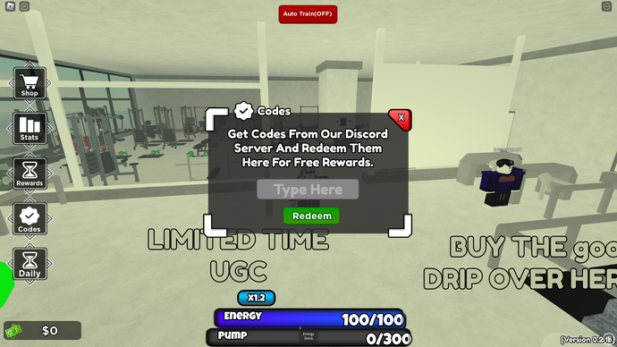 Una captura de pantalla de Untitled Gym Game en Roblox que muestra la página de códigos del juego.