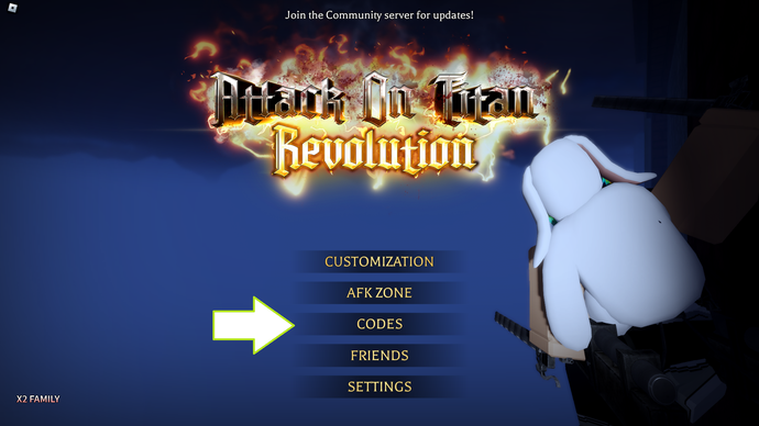 Ảnh chụp màn hình Attack on Titan Revolution trong Roblox hiển thị nút mã của trò chơi.