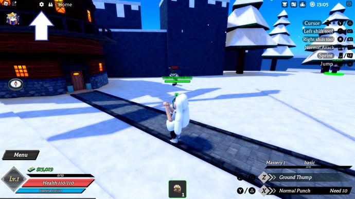 Flèche pointant vers le bouton sur lequel les joueurs doivent appuyer pour se diriger vers le menu utilisé pour utiliser les codes dans Demon Blade.