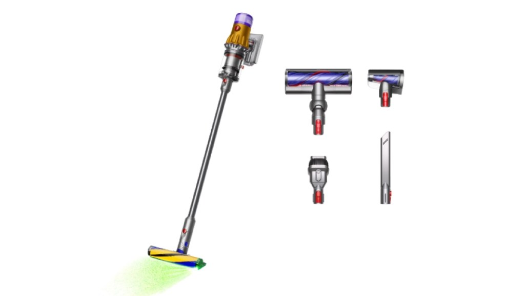 Zdjęcie produktu Dyson V12 Detect Slim na białym tle z załącznikami umieszczonymi po prawej stronie
