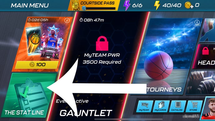 Strzałka wskazuje opcję menu Linia statystyk w NBA 2K Mobile, w której gracze realizują kody.