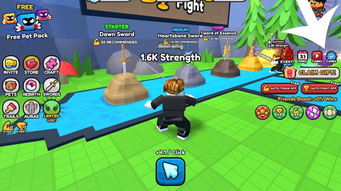 Strzałka wskazująca przyciski, które gracze muszą nacisnąć, aby uzyskać dostęp do menu kodów w grze Roblox Pull a Sword.