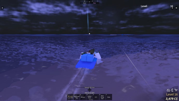 Un personaggio che nuota su una tavola da surf verso uno strano vortice in lontananza nel gioco Roblox, Fisch.