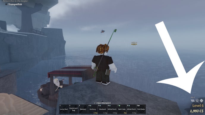 Arrow pointing at a user interface in Fisch, showing the game's weather condition is rainy.