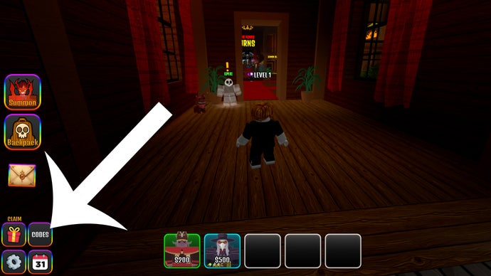 Flèche pointant vers le bouton sur lequel les joueurs doivent appuyer pour accéder au menu des codes dans le jeu d'horreur Roblox The House TD.