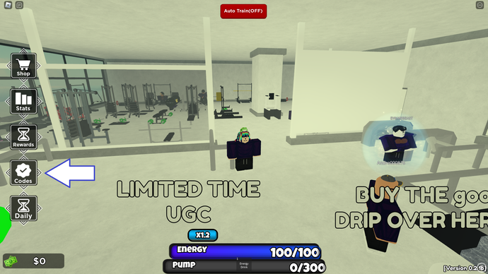 Una captura de pantalla de Untitled Gym Game en Roblox que muestra el botón de códigos del juego.