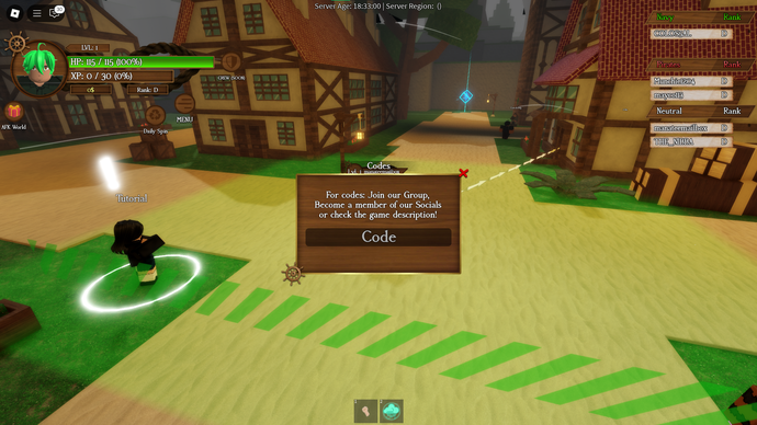 Ảnh chụp màn hình Arcane Seas trong Roblox hiển thị màn hình mã của trò chơi.